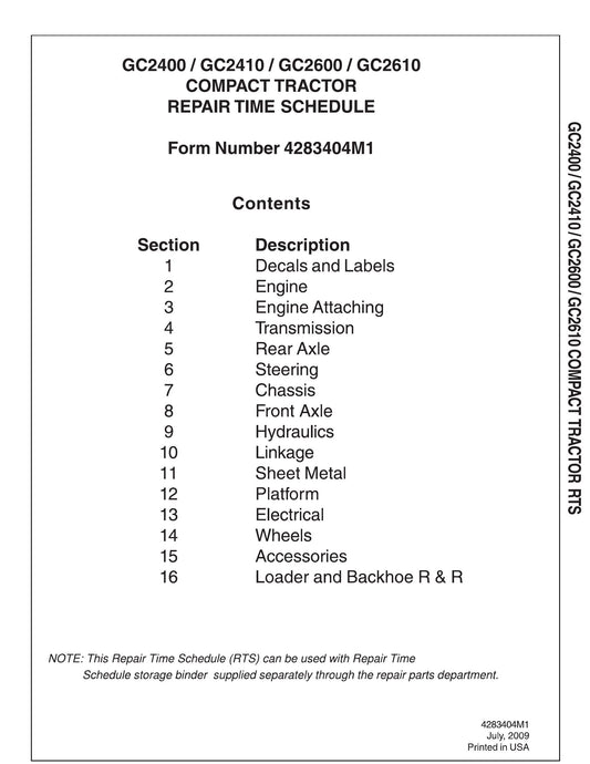AGCO GC2400 GC2410 GC2600 GC2610 Compact Tractor Repair Time Schedule