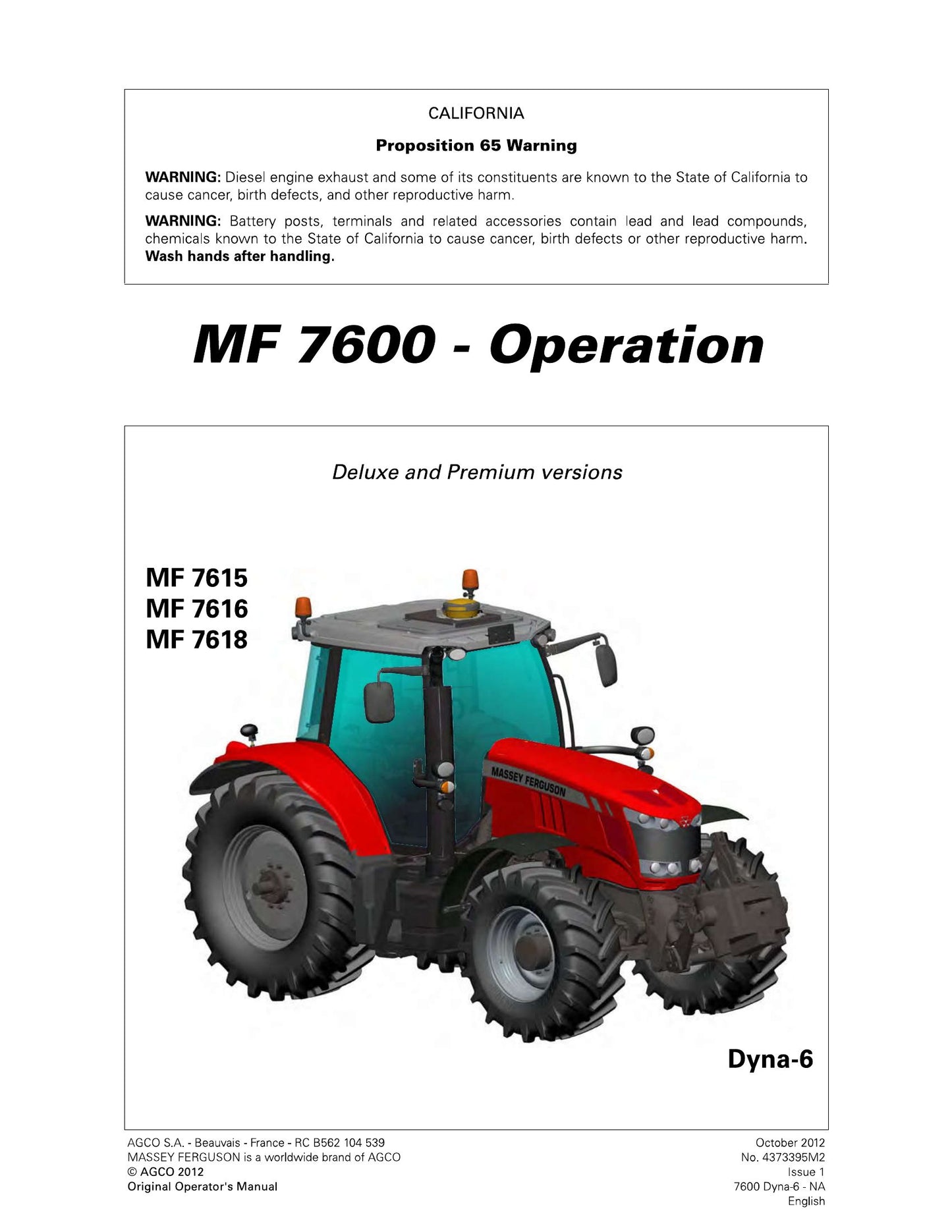 MASSEY FERGUSON MF7615 MF7616 MF7618 Tractor Factory Workshop Operator Manual 4373393M1