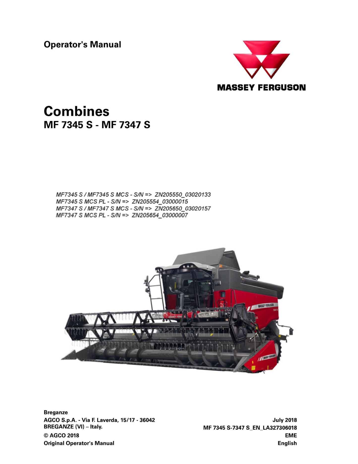 MASSEY FERGUSON MF 7345 S MF 7347 S Combine Harvester Factory Workshop Operator Manual