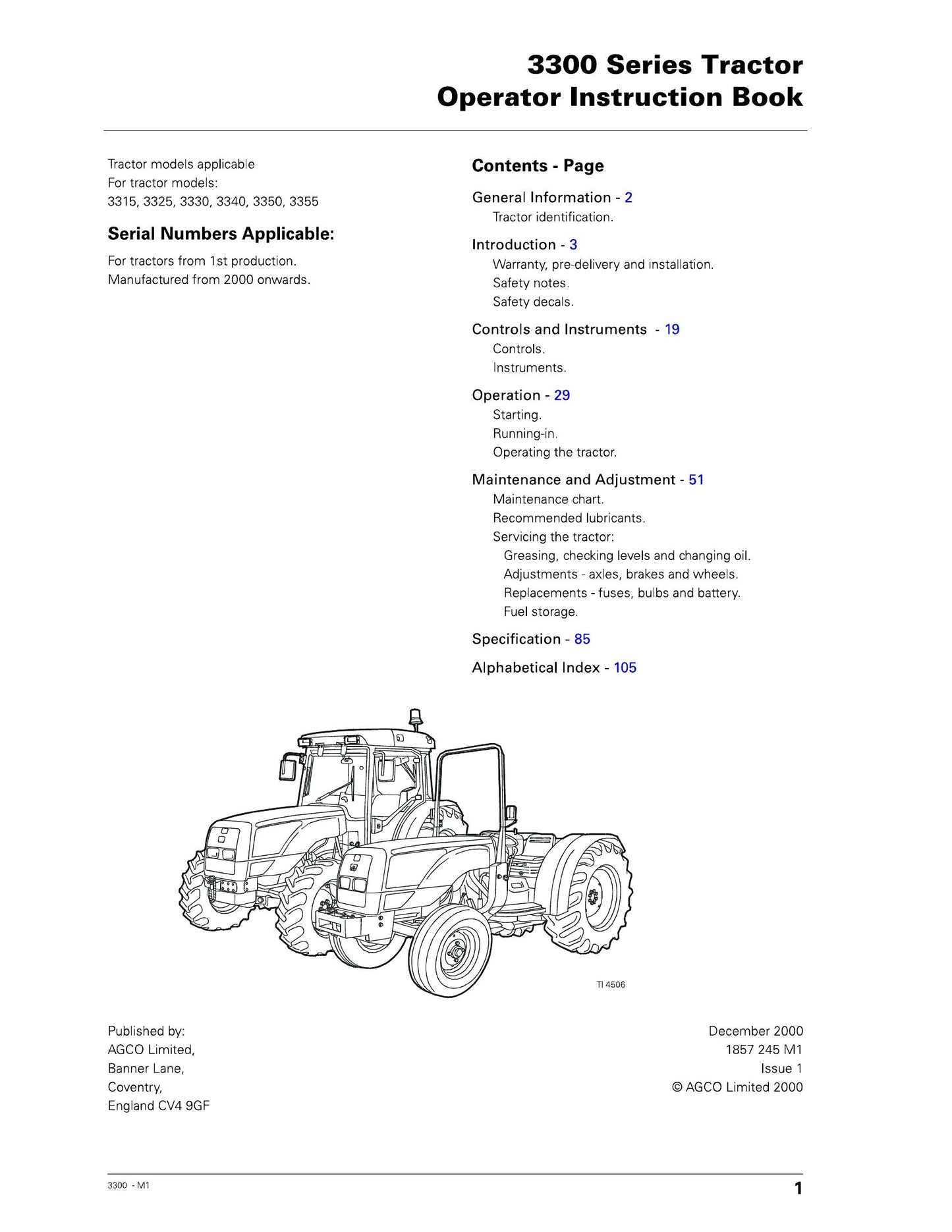 AGCO 3315 3325 3330 3340 3350 3355 Tractor Operator Instruction Book