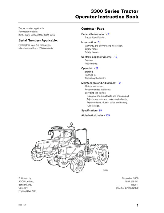 AGCO 3315 3325 3330 3340 3350 3355 Tractor Operator Instruction Book