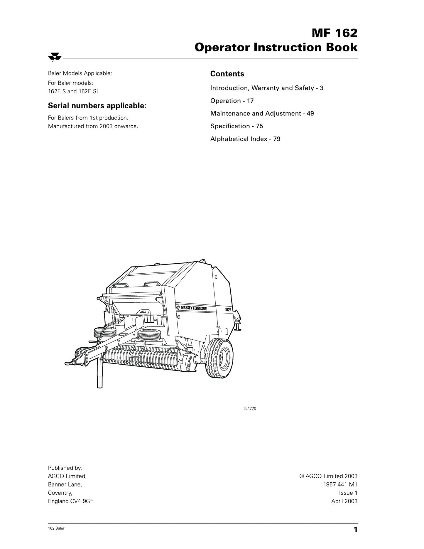 MASSEY FERGUSON MF 162 Baler Operator Instruction Book