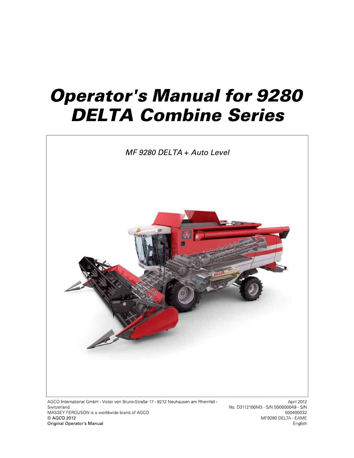 MASSEY FERGUSON 9280 DELTA Combine Harvester Factory Workshop Operator Manual D3112100M3
