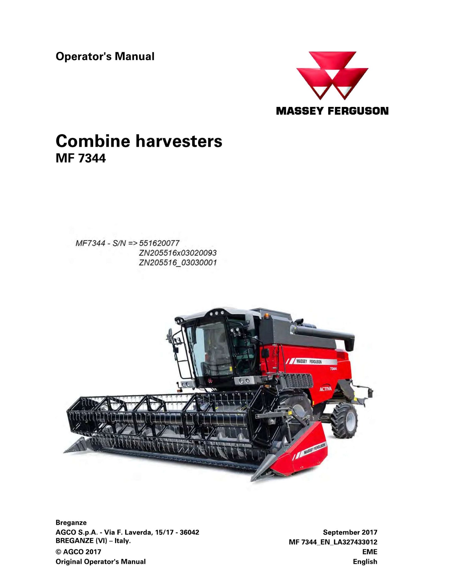 MASSEY FERGUSON MF 7344 Combine Harvester Factory Workshop Operator Manual