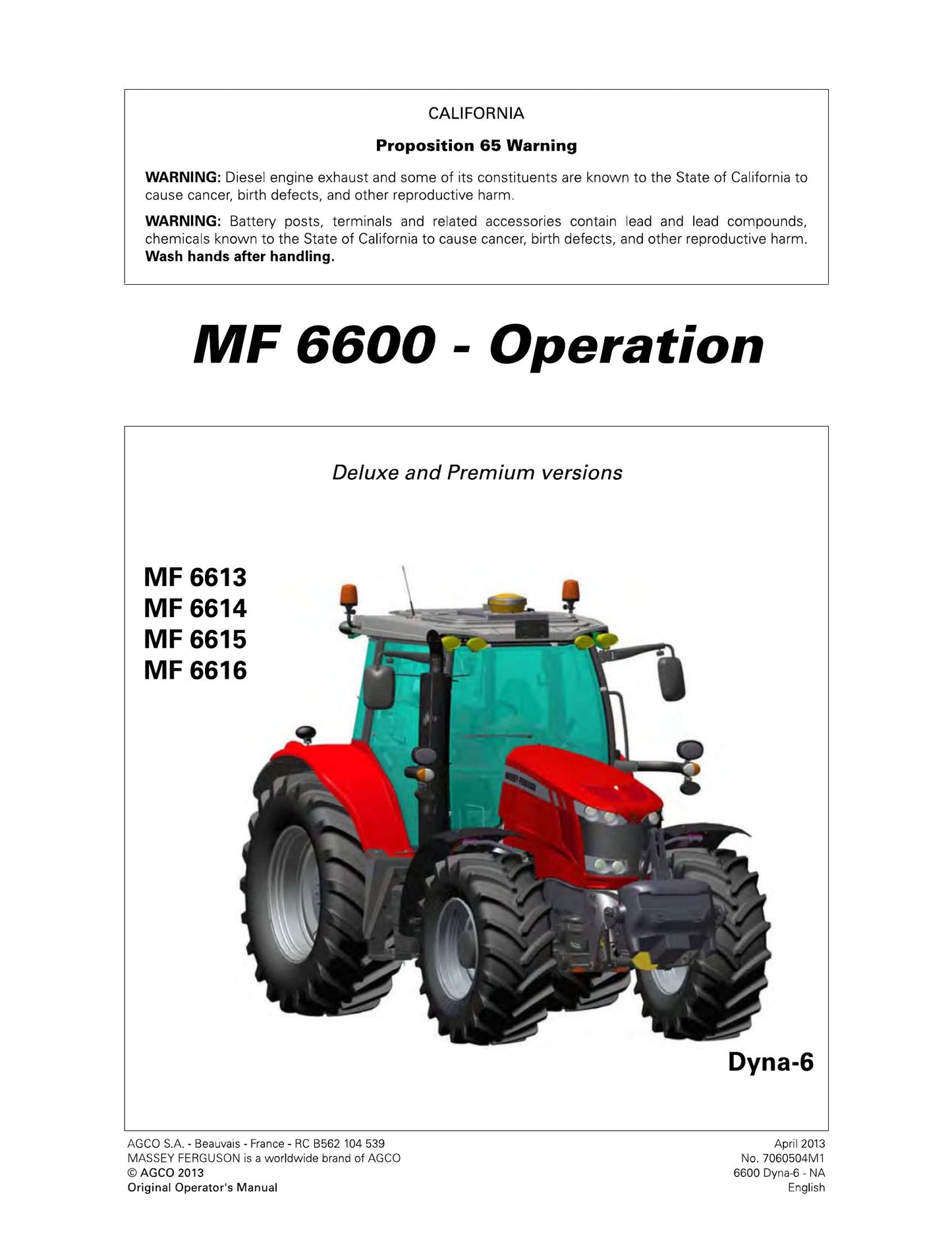 MASSEY FERGUSON MF6613 MF6614 MF6615 MF6616 Tractor Factory Workshop Operator Manual 7026024M3