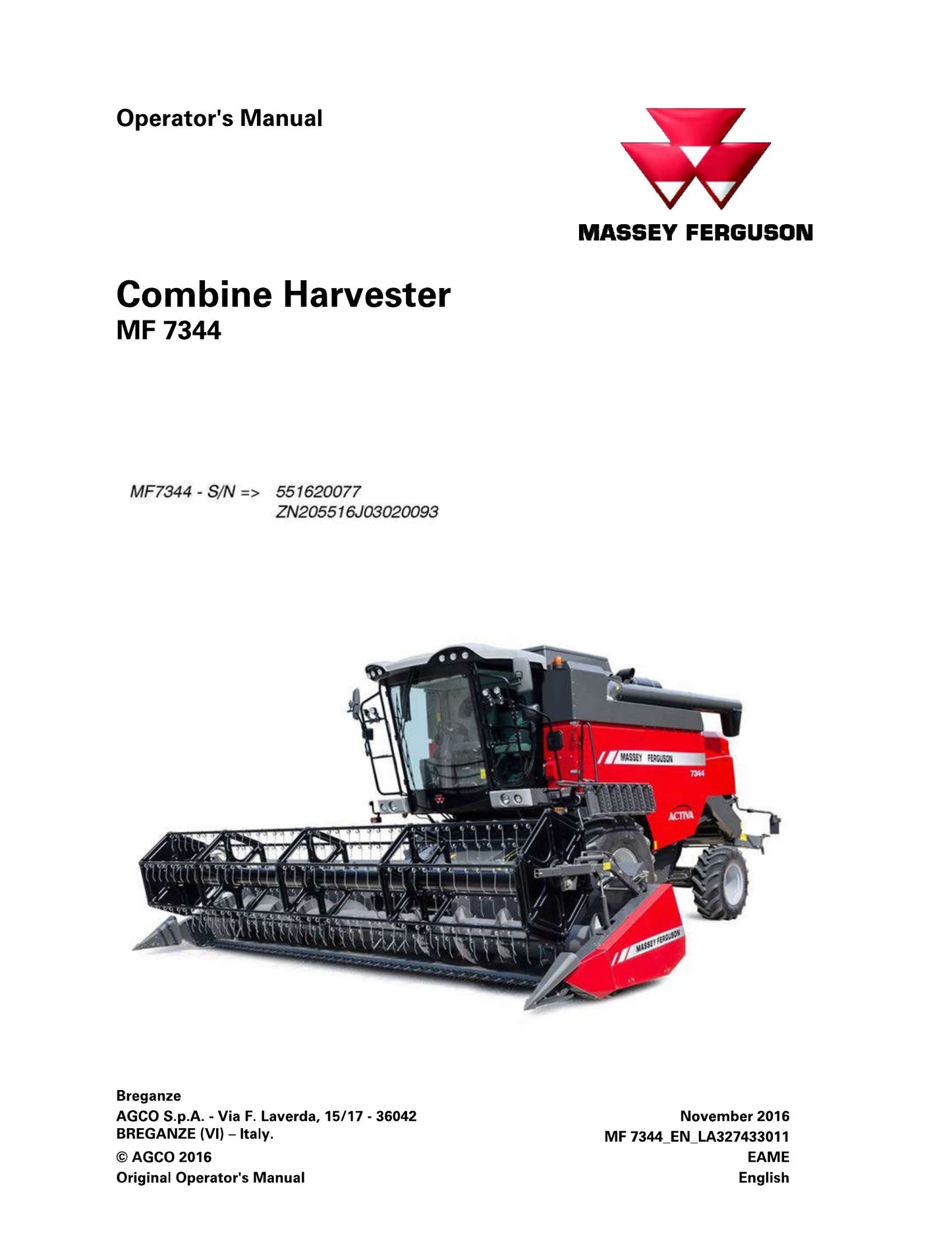MASSEY FERGUSON MF 7344 Combine Harvester Factory Workshop Operator Manual