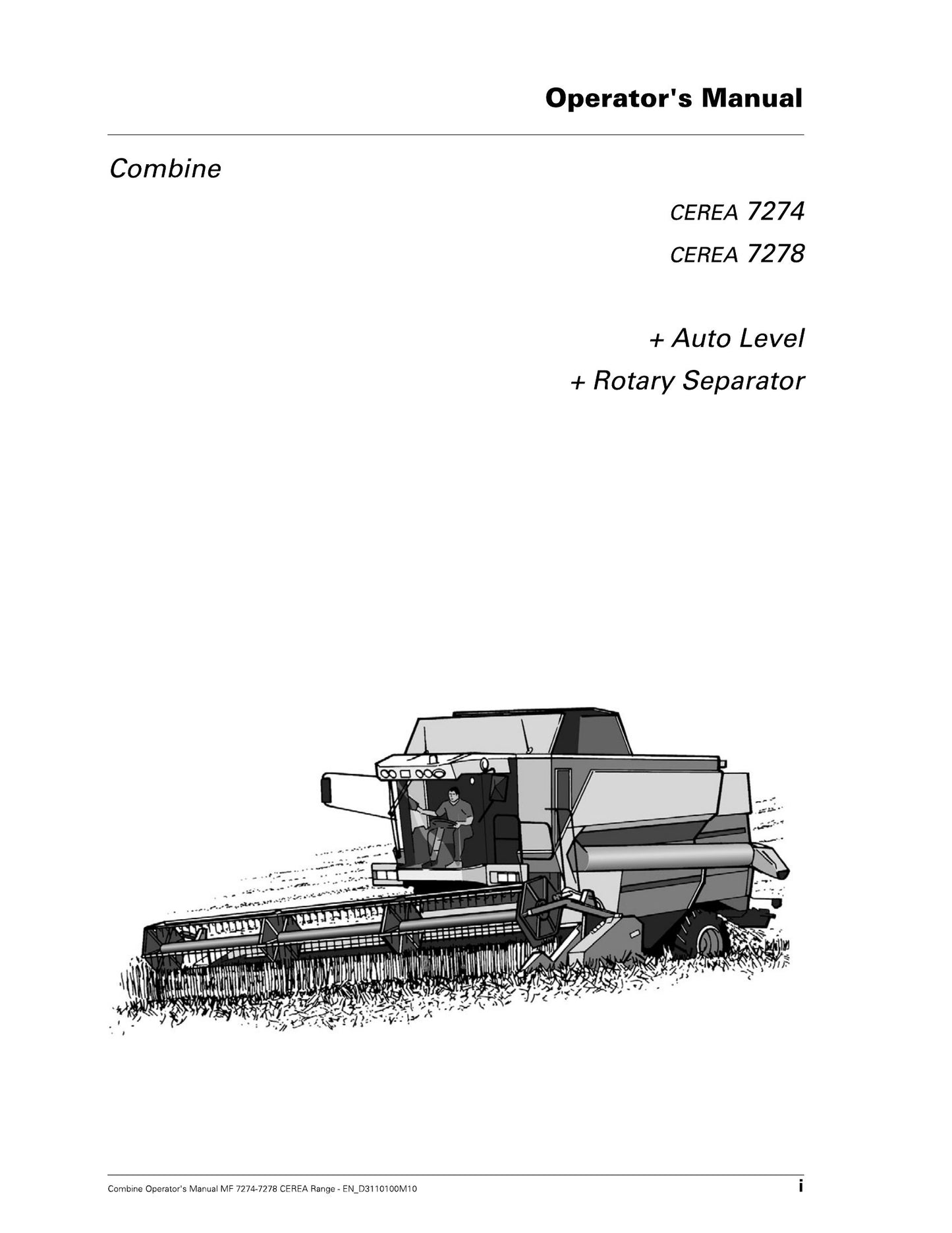 MASSEY FERGUSON CEREA 7274 CEREA 7278 Combine Factory Workshop Operator Manual EN_D3110100M10