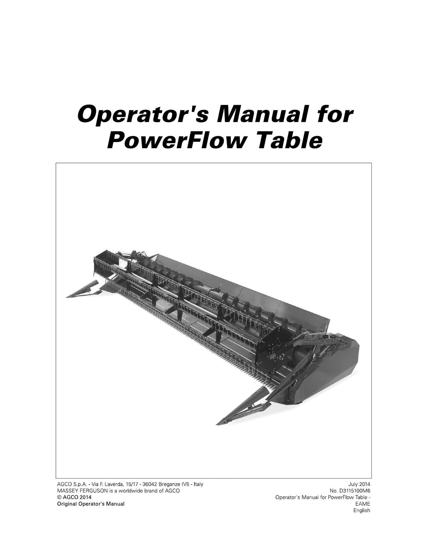 MASSEY FERGUSON PowerFlow Table Harvester Factory Workshop Operator Manual D3115100M6