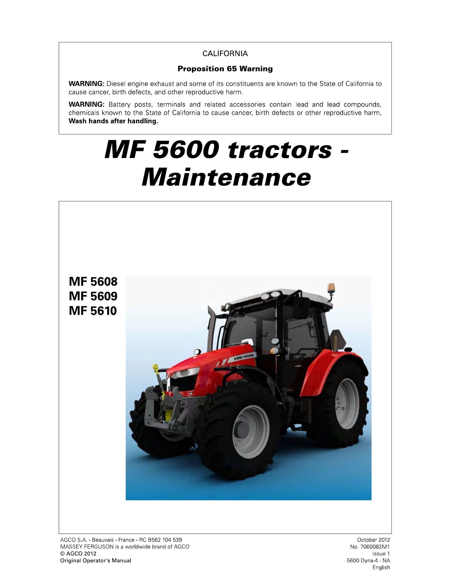MASSEY FERGUSON MF5608 MF5609 MF5610 Tractor Factory Workshop Operator Manual 7060086M1