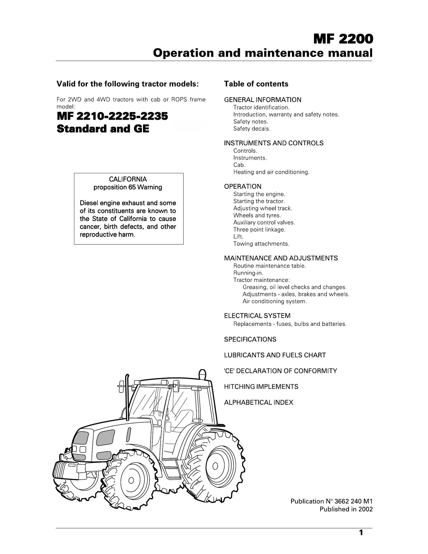 MASSEY FERGUSON MF2210 MF2225 MF2235 Tractor Operation and Factory Workshop Maintenance Manual 3662 240 M1