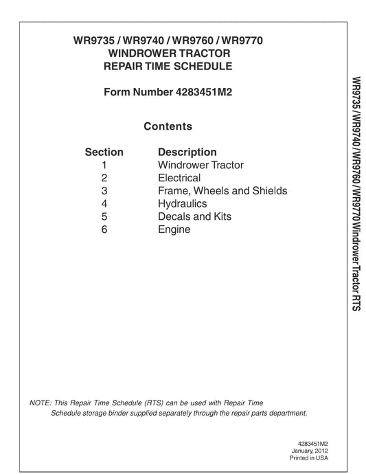 AGCO WR9735 WR9740 WR9760 WR9770 Windrower Tractor Repair Time Schedule 4283451M2