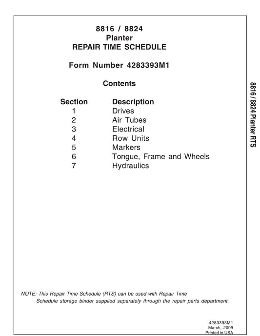 AGCO 8816 8824 Planter Repair Time Schedule 4283393M1