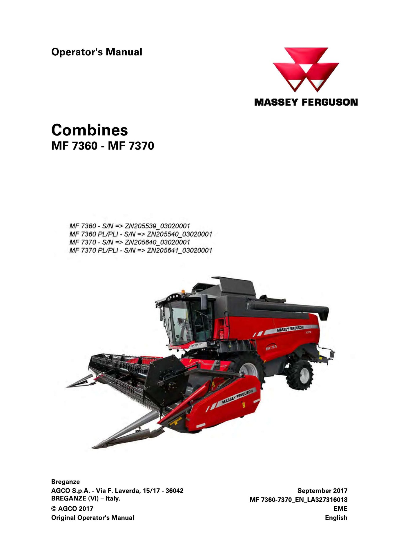 MASSEY FERGUSON MF 7360 MF 7370 Combine Factory Workshop Operator Manual