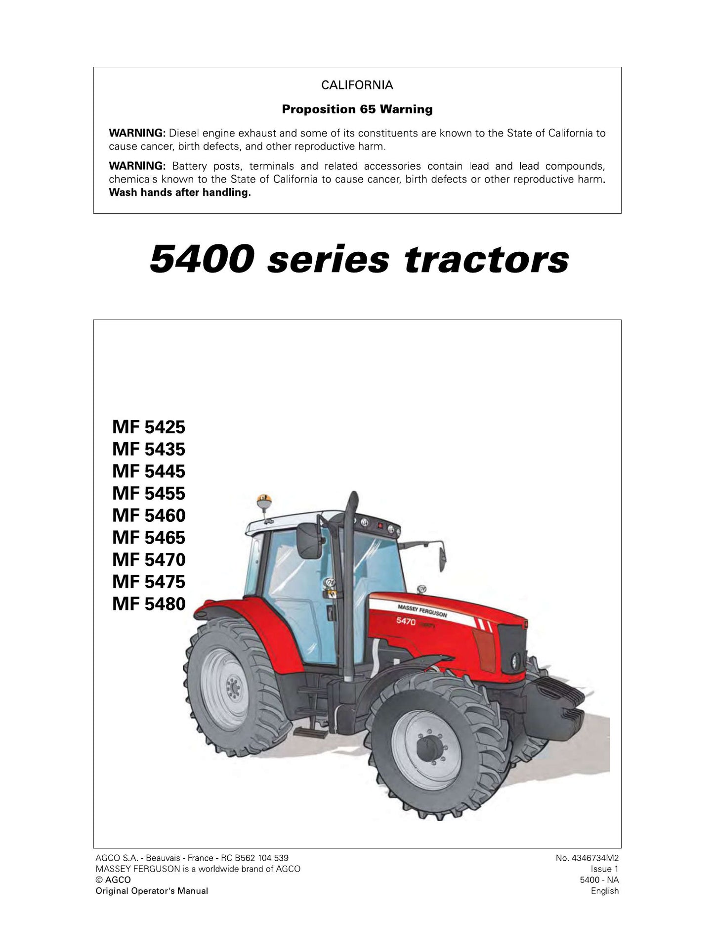 MASSEY FERGUSON MF5425 MF5435 MF5445 MF5455 MF5460 MF5465 MF5470 MF5475 MF5480 Tractor Factory Workshop Operator Manual 4346734M2