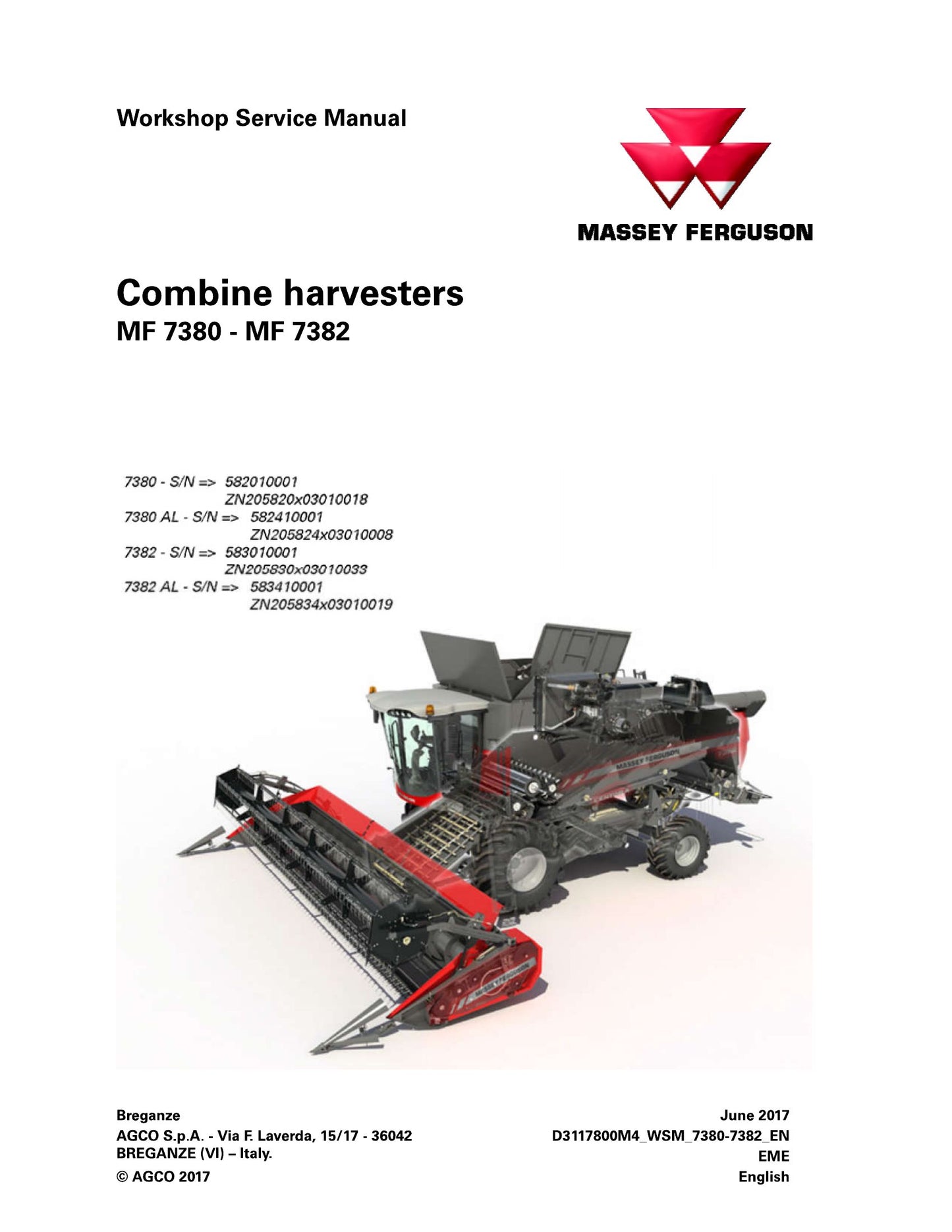 MASSEY FERGUSON MF 7380 MF 7382 Combine Harvester Workshop Factory Workshop Service Manual D3117800M4