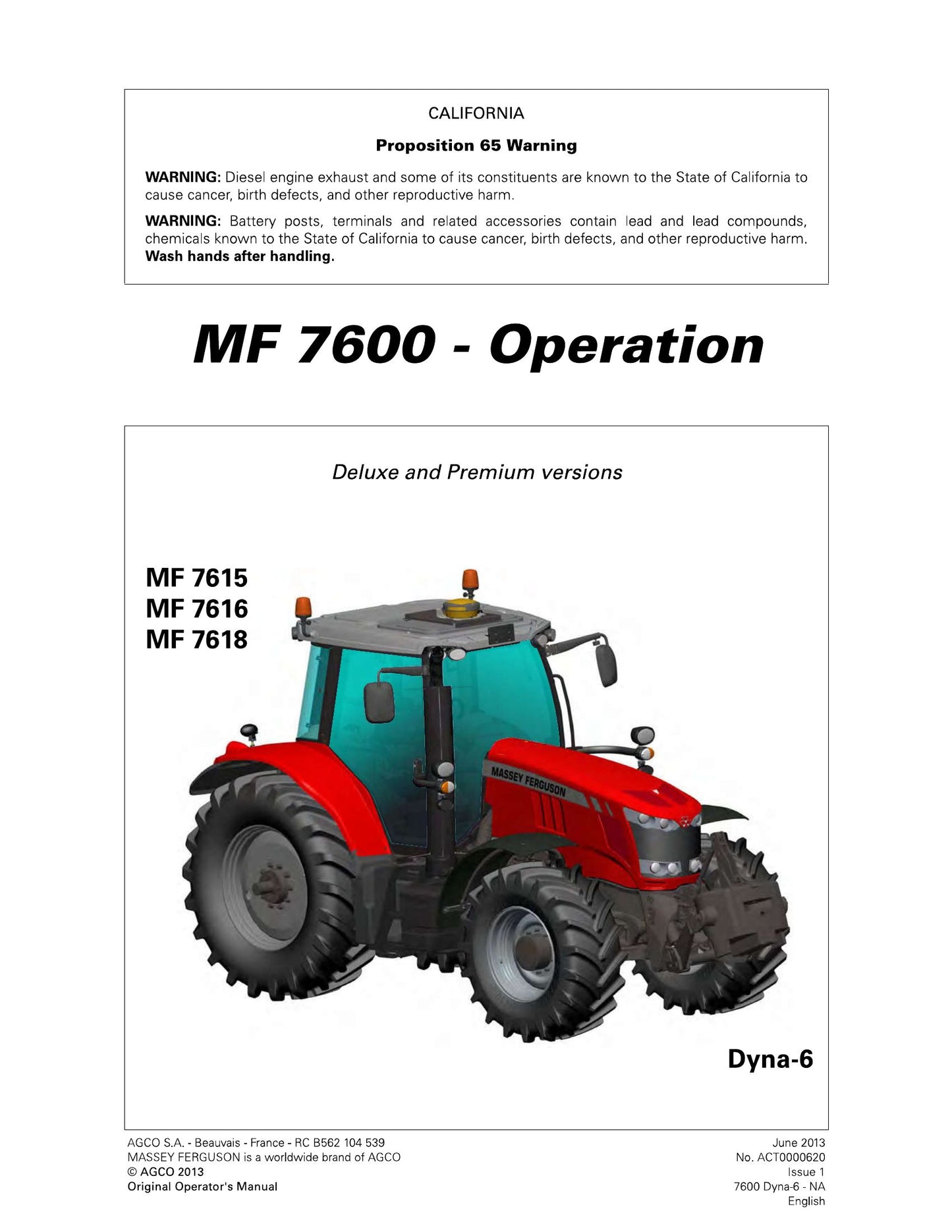 MASSEY FERGUSON MF 7615 MF 7616 MF 7618 Tractor Factory Workshop Operator Manual