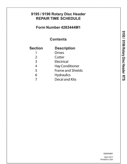 AGCO 9195 9196 Rotary Disc Header Repair Time Schedule 4283444M1