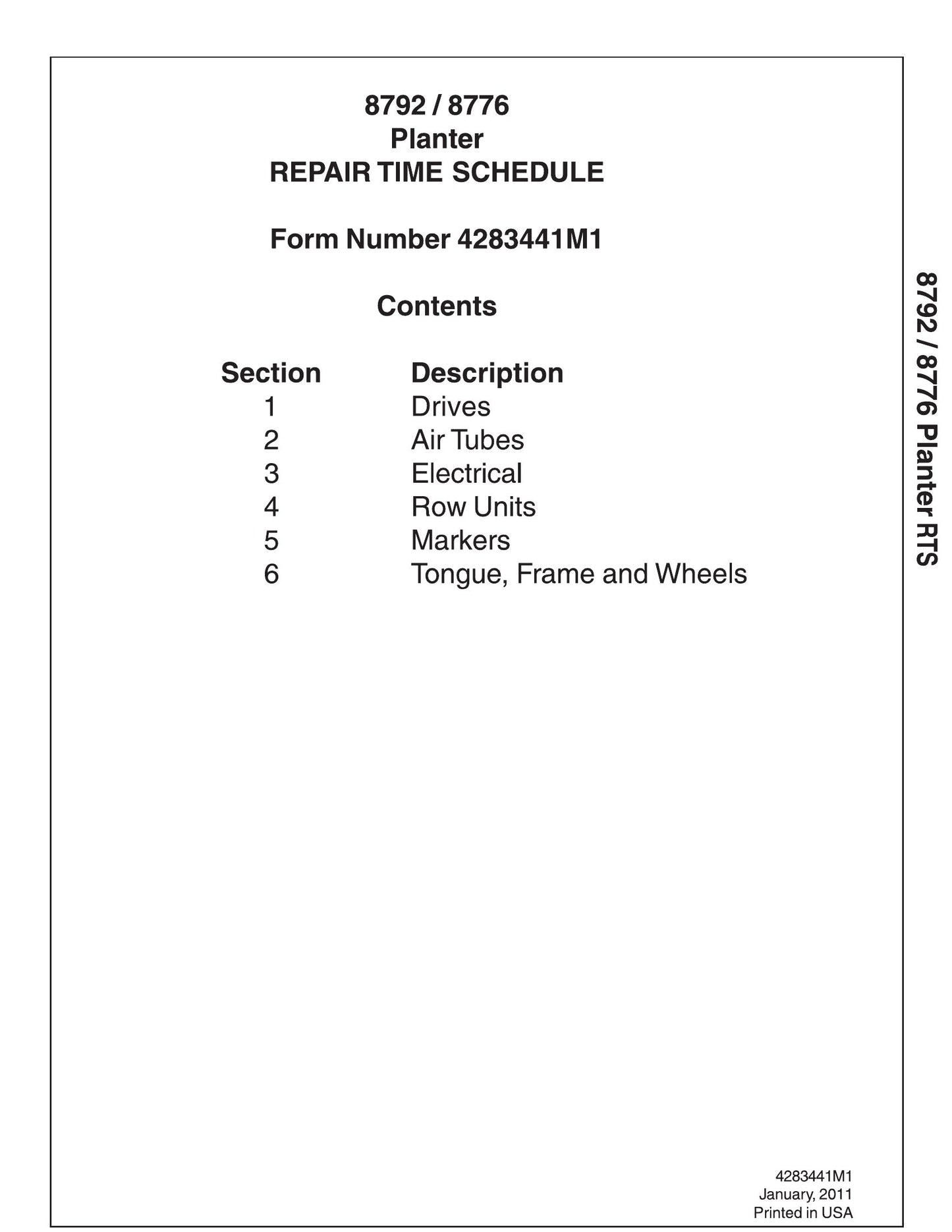 AGCO 8792 8776 Planter Repair Time Schedule 4283441M1