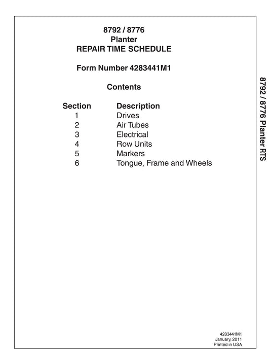 AGCO 8792 8776 Planter Repair Time Schedule 4283441M1