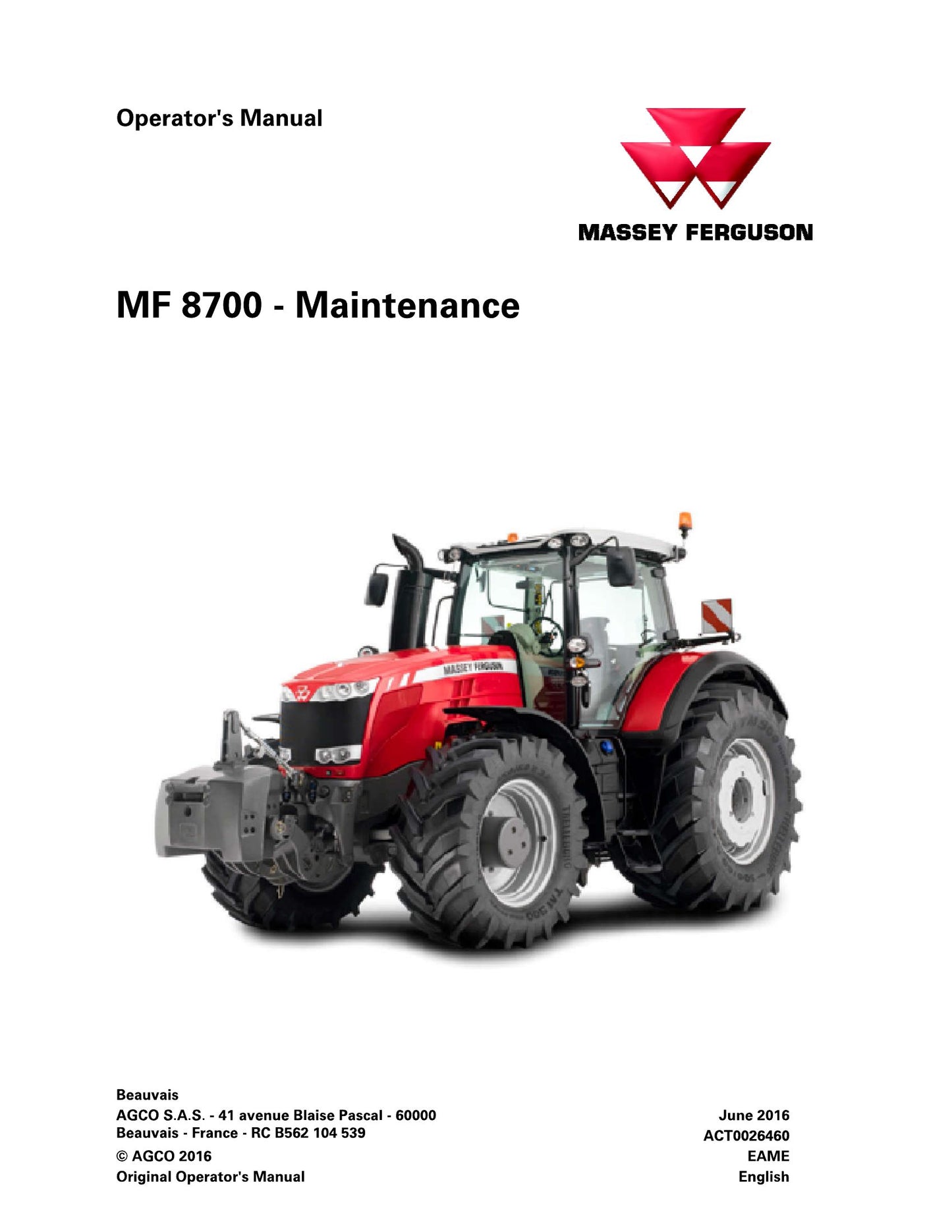 MASSEY FERGUSON MF 8700 Tractor Factory Workshop Operator Manual