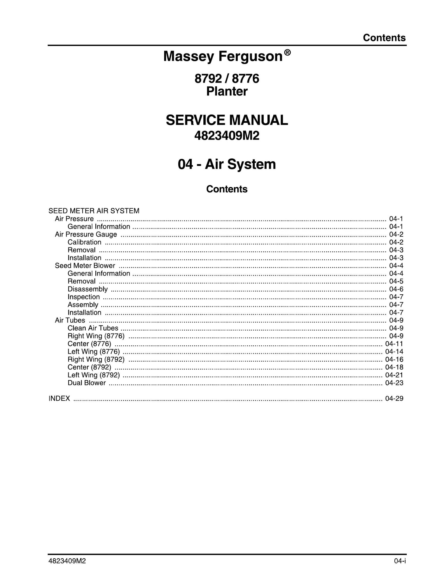 Massey Ferguson 8792 8776 Planter Factory Workshop Service Manual 4823409M2