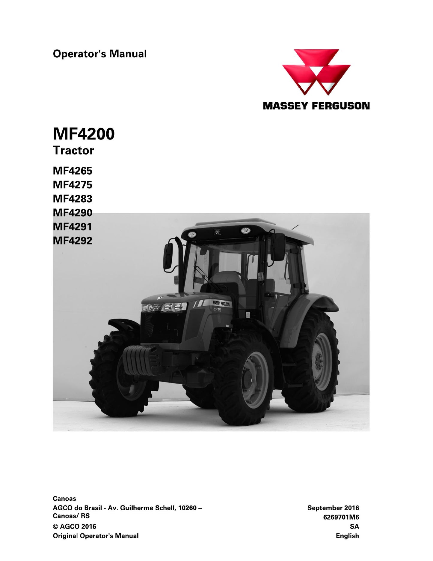 MASSEY FERGUSON MF4200 MF4265 MF4275 MF4283 MF4290 MF4291 MF4292 Tractor Operator's Manual