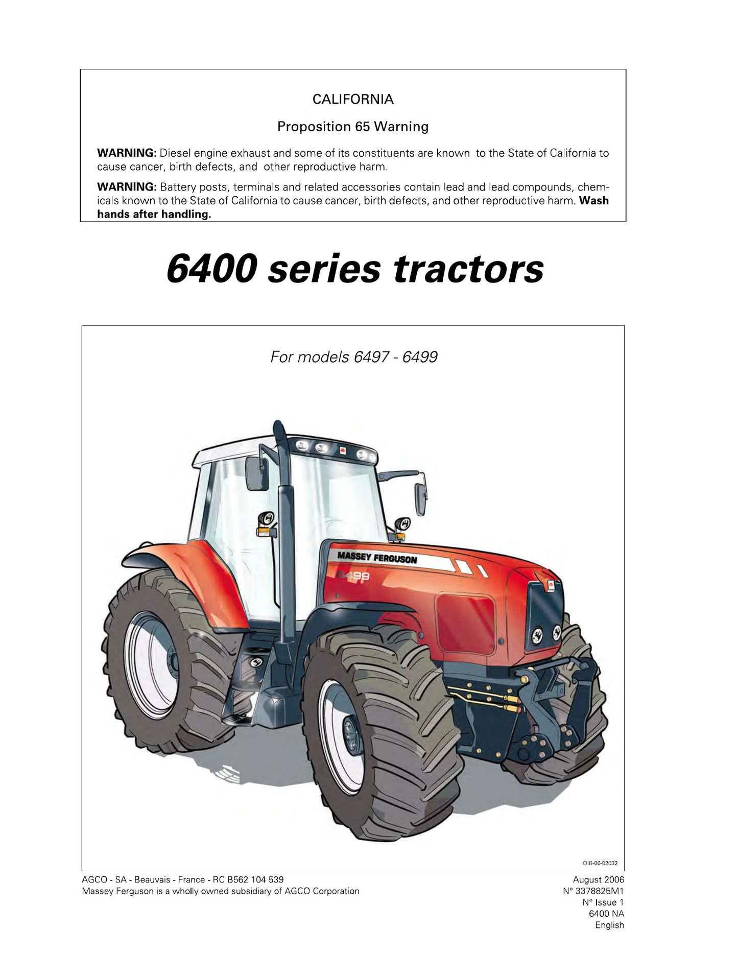MASSEY FERGUSON 6497 6499 Tractor Factory Workshop Operator Manual