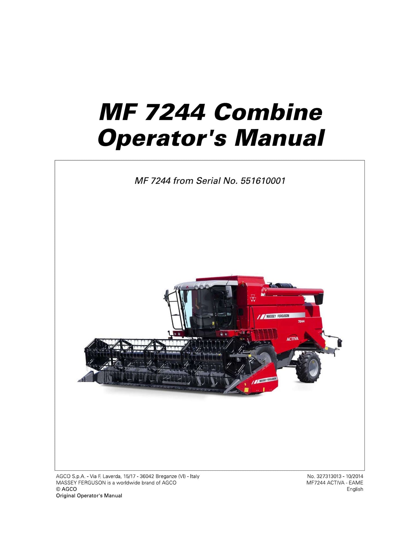 MASSEY FERGUSON MF 7244 Combine Factory Workshop Operator Manual