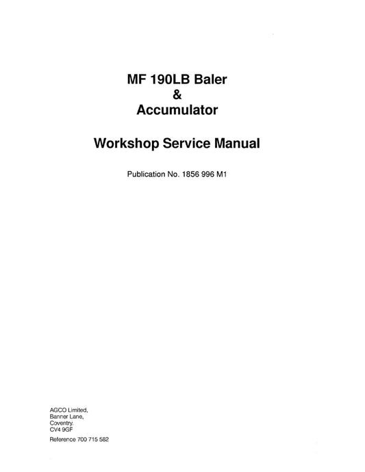 AGCO MF 190LB Baler Workshop Factory Workshop Service Manual 1856 996 M1