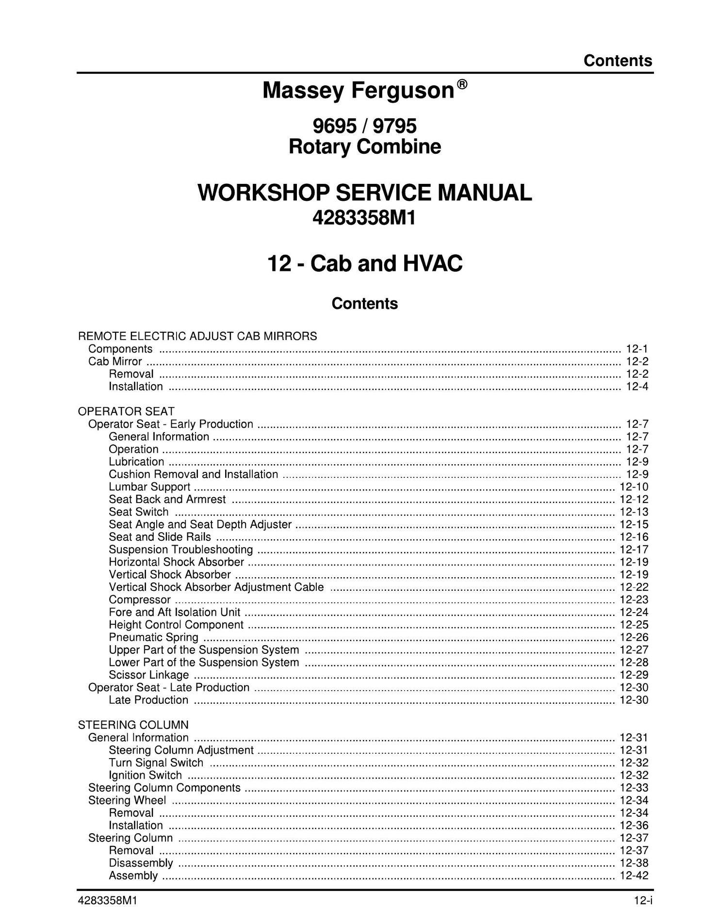 Massey Ferguson 9695 9795 Rotary Combine Workshop Factory Workshop Service Manual 4283358M1