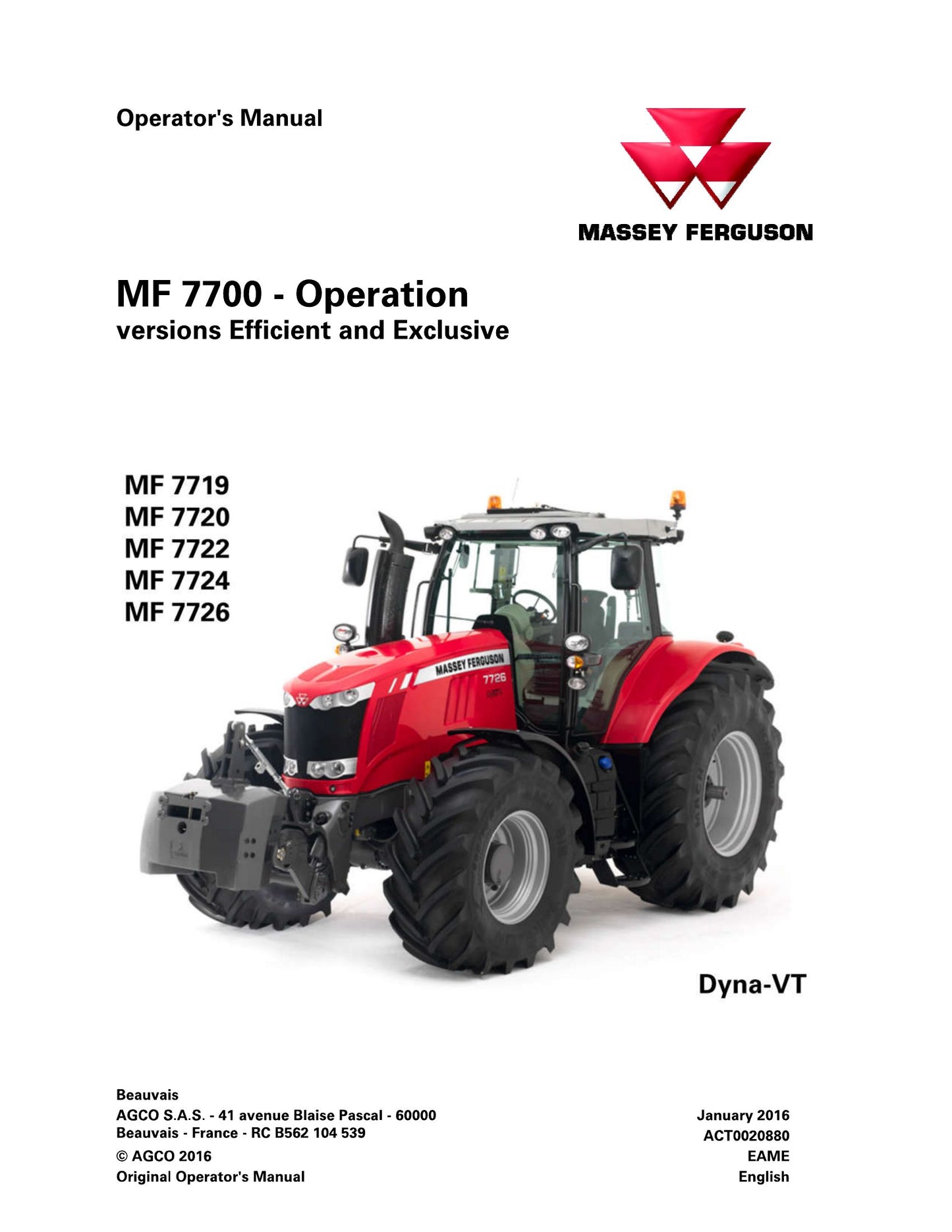 MASSEY FERGUSON MF 7719 MF 7720 MF 7722 MF 7724 MF 7726 Tractor Factory Workshop Operator Manual