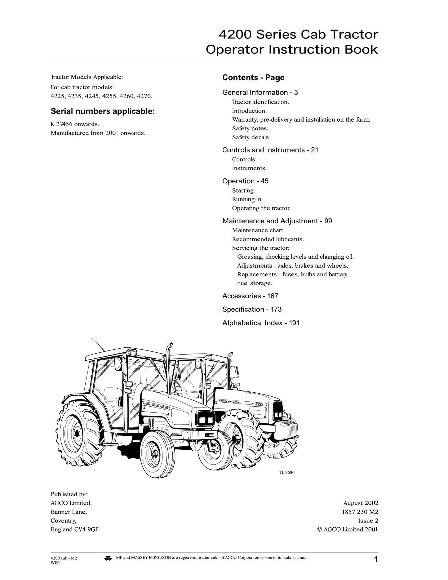 MASSEY FERGUSON 4225 4235 4245 4255 4260 4270 Cab Tractor Factory Workshop Operator Manual 1857 230 M2
