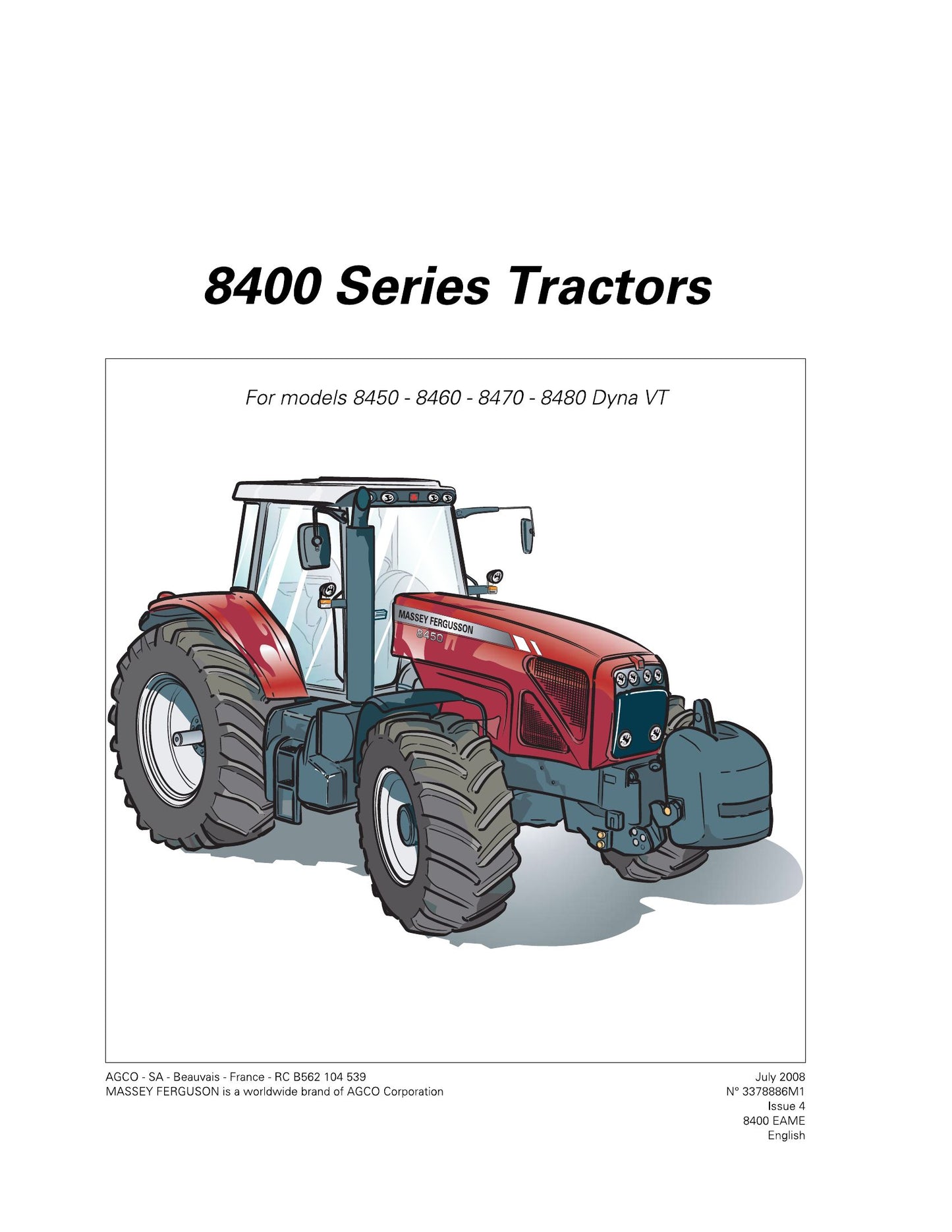 MASSEY FERGUSON 8450 8460 8470 8480 Dyna VT Tractor Factory Workshop Service Manual 3378886M1