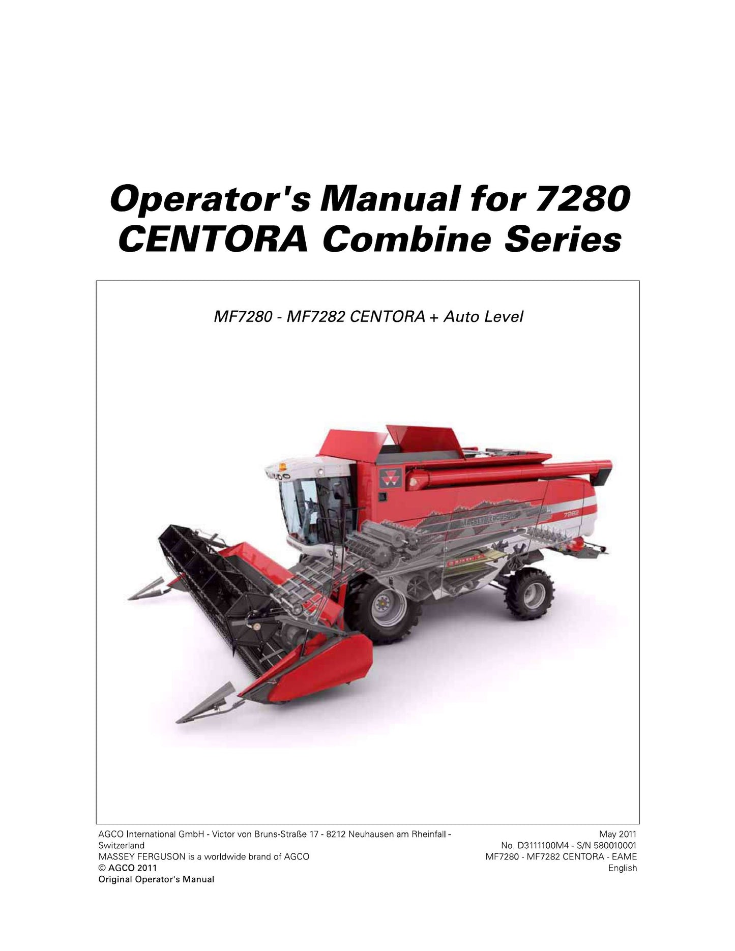 MASSEY FERGUSON MF7280 MF7282 Combine Harvester Factory Workshop Operator Manual D3111100M4