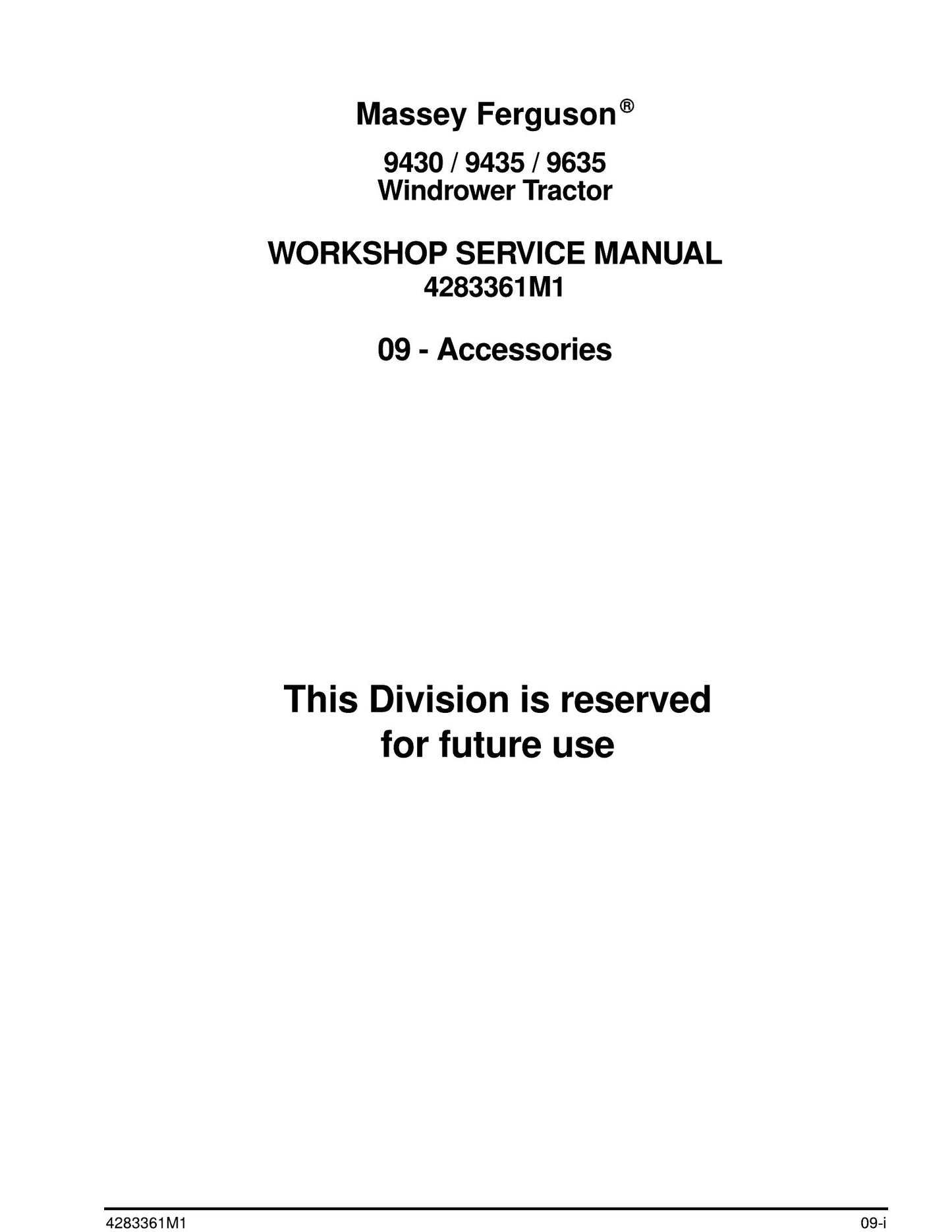 Massey Ferguson 9430 9435 9635 Windrower Tractor Factory Workshop Service Manual 4283361M1
