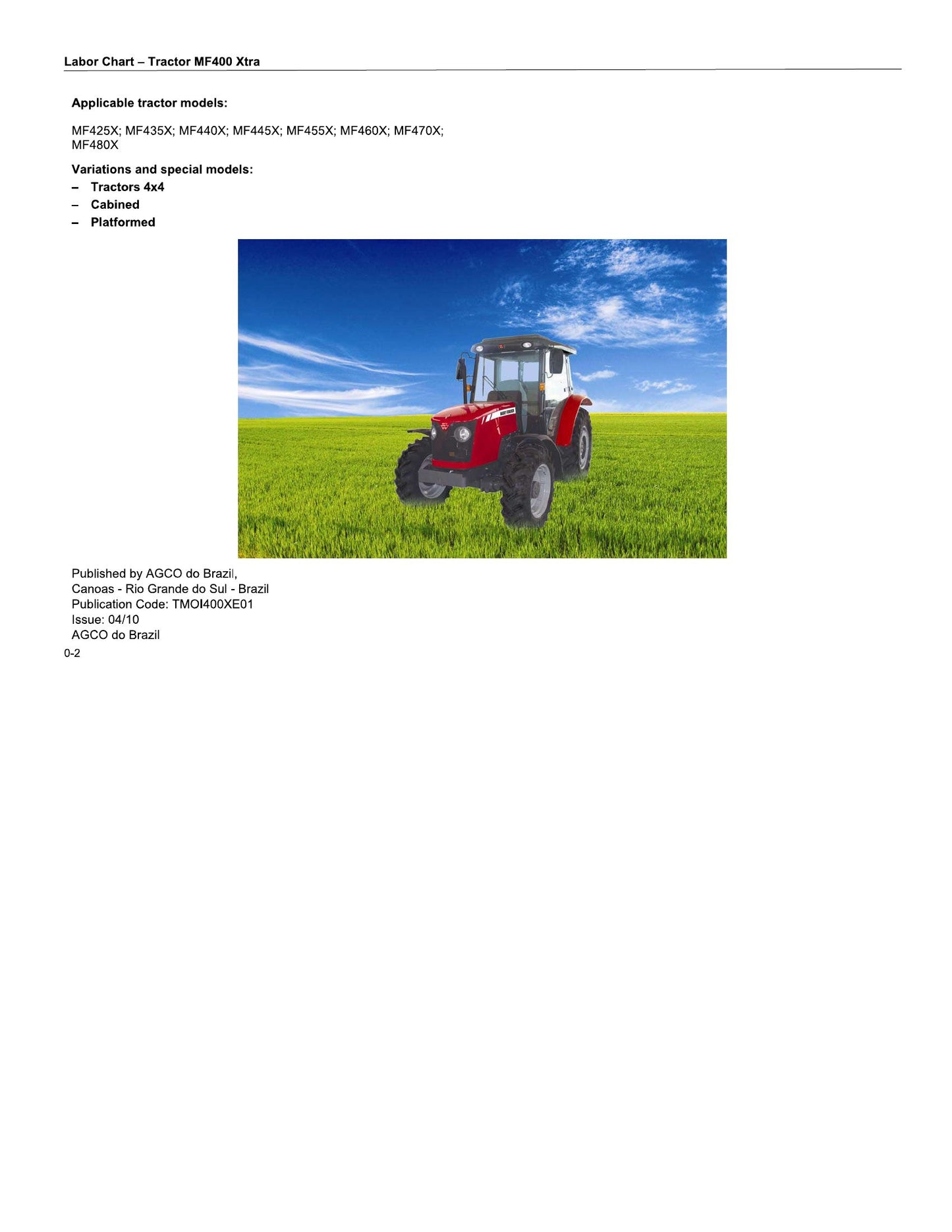 MASSEY FERGUSON MF425X MF435X MF440X MF445X MF455X MF460X MF470X MF480X Tractor Labor Chart TMOI400XE01
