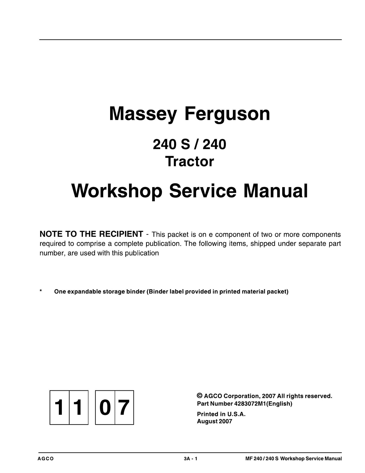 Massey Ferguson 240 240S Tractor Workshop Factory Workshop Service Manual