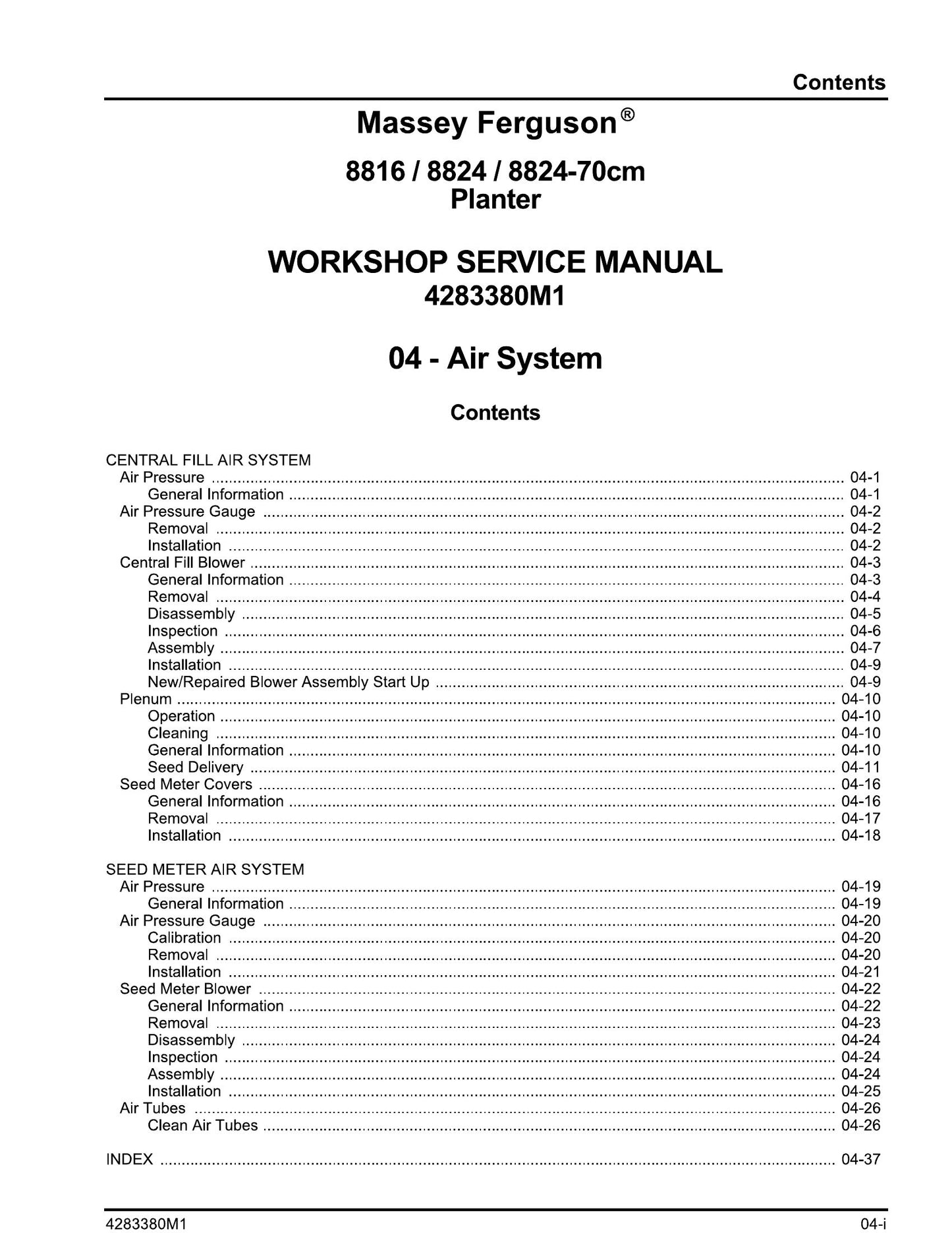 Massey Ferguson 8816 8824 8824-70cm Planter Workshop Factory Workshop Service Manual 4283380M1