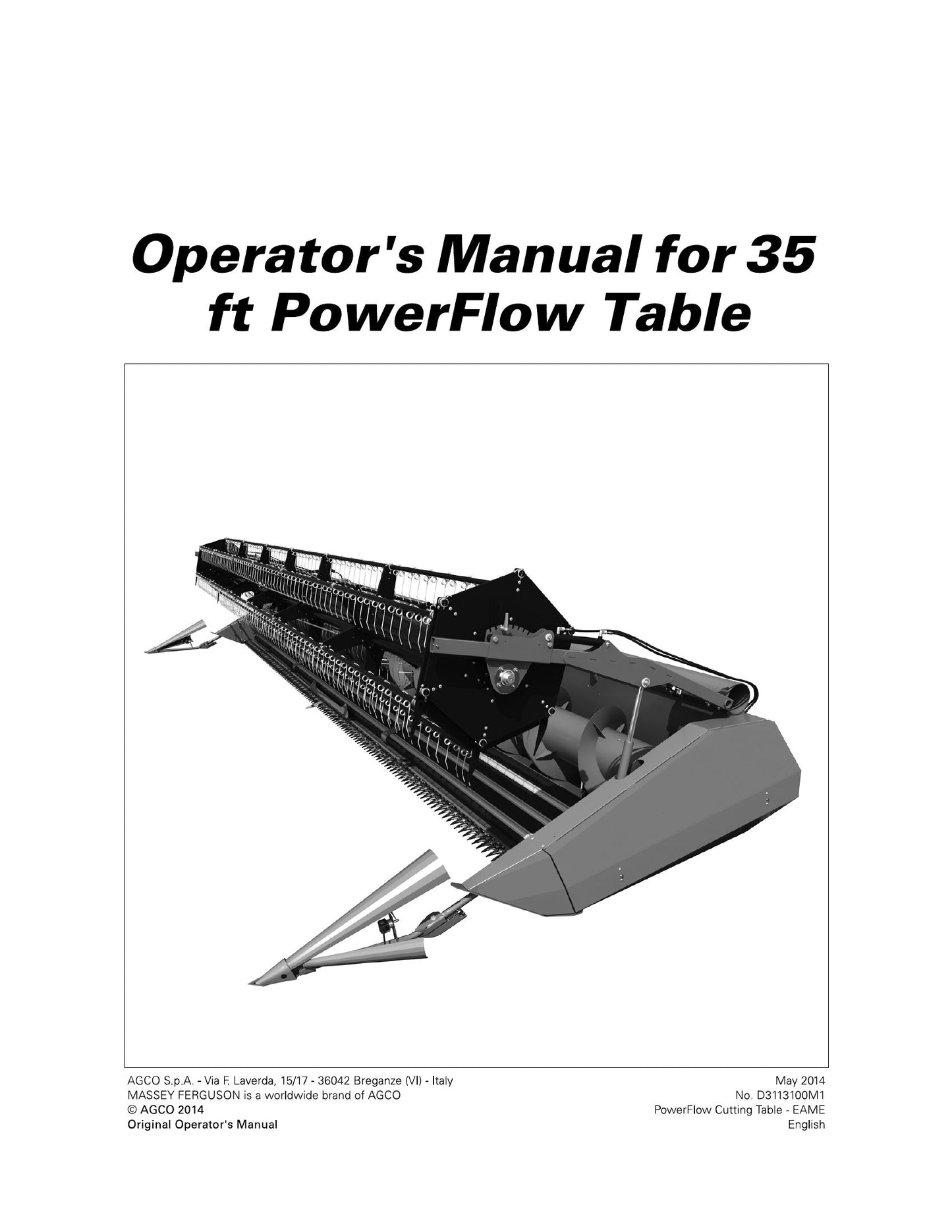 MASSEY FERGUSON 35 ft PowerFlow Table Cutting Table Factory Workshop Operator Manual D3113100M1