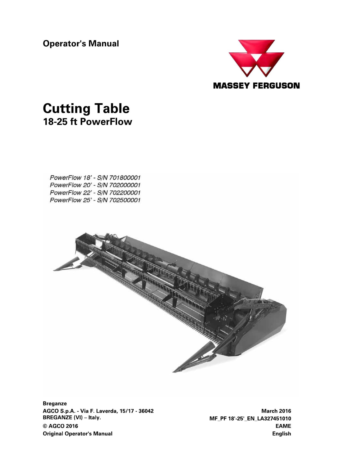 MASSEY FERGUSON Cutting Table Harvester Header Factory Workshop Operator Manual MF PF 18-25'