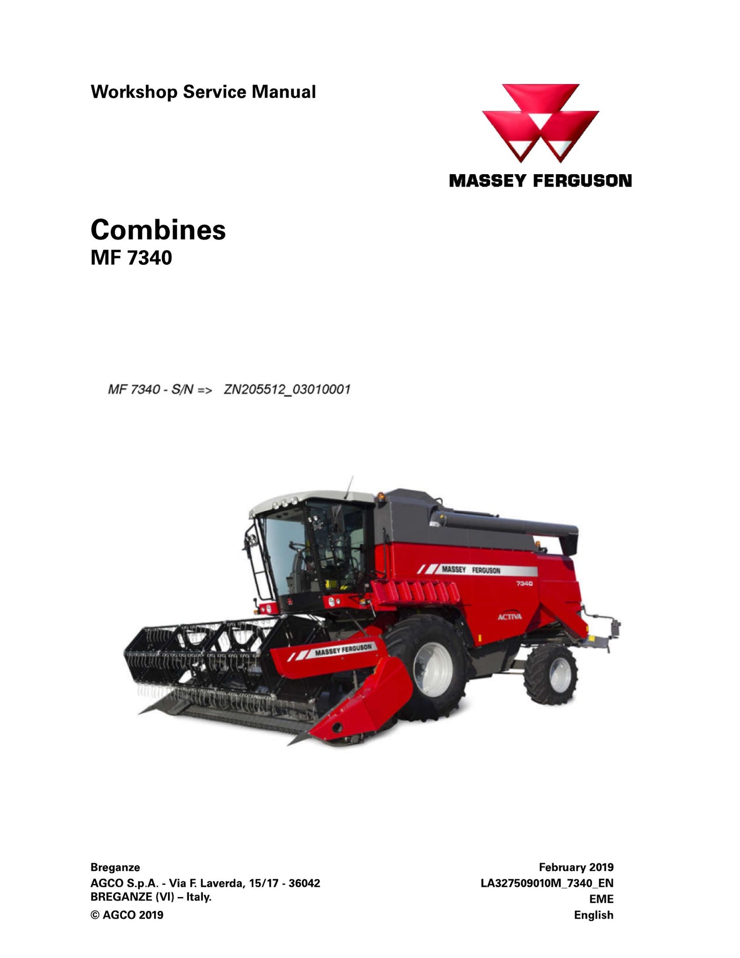 MASSEY FERGUSON MF 7340 Combine Harvester Factory Workshop Service Manual