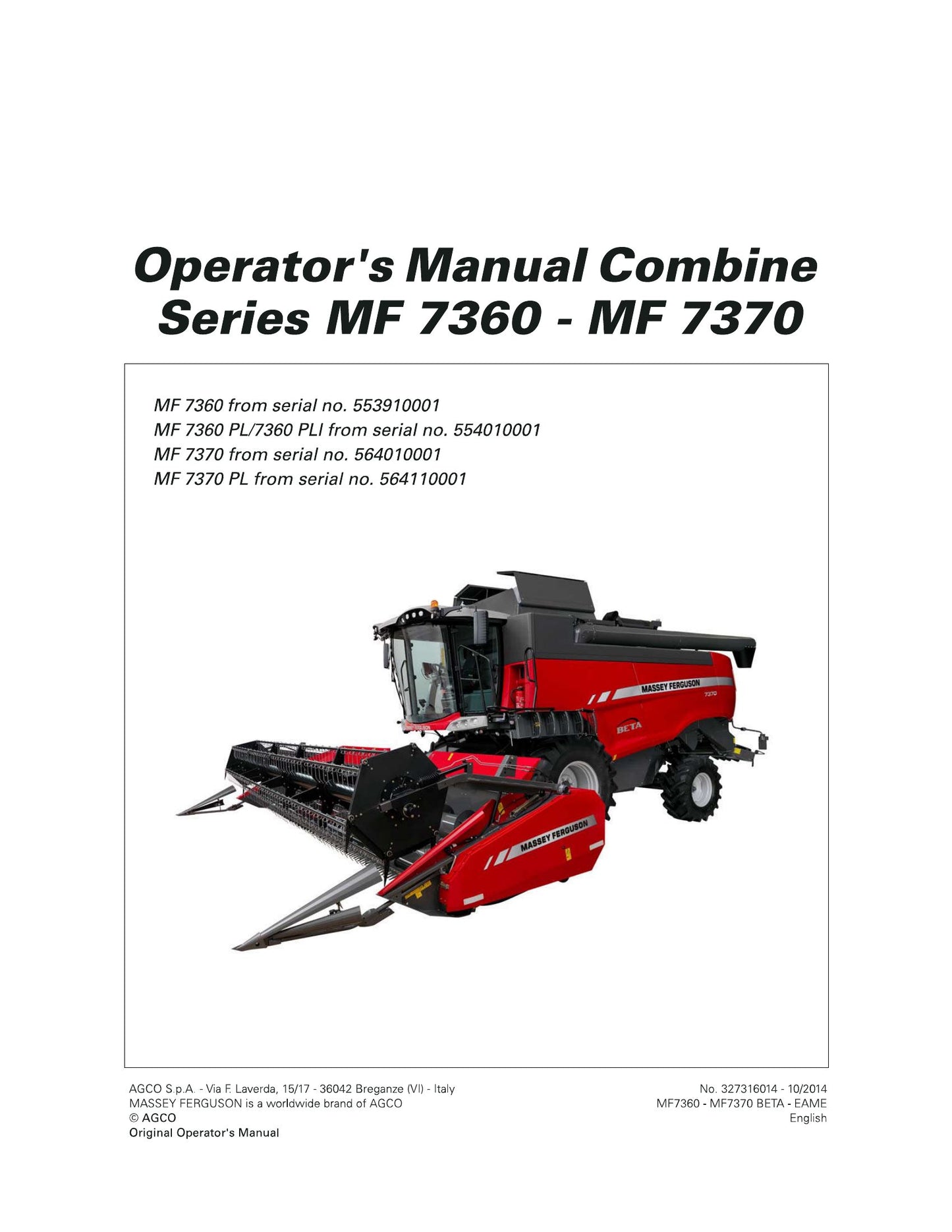 MASSEY FERGUSON MF 7360 MF 7370 Combine Harvester Factory Workshop Operator Manual 327316014
