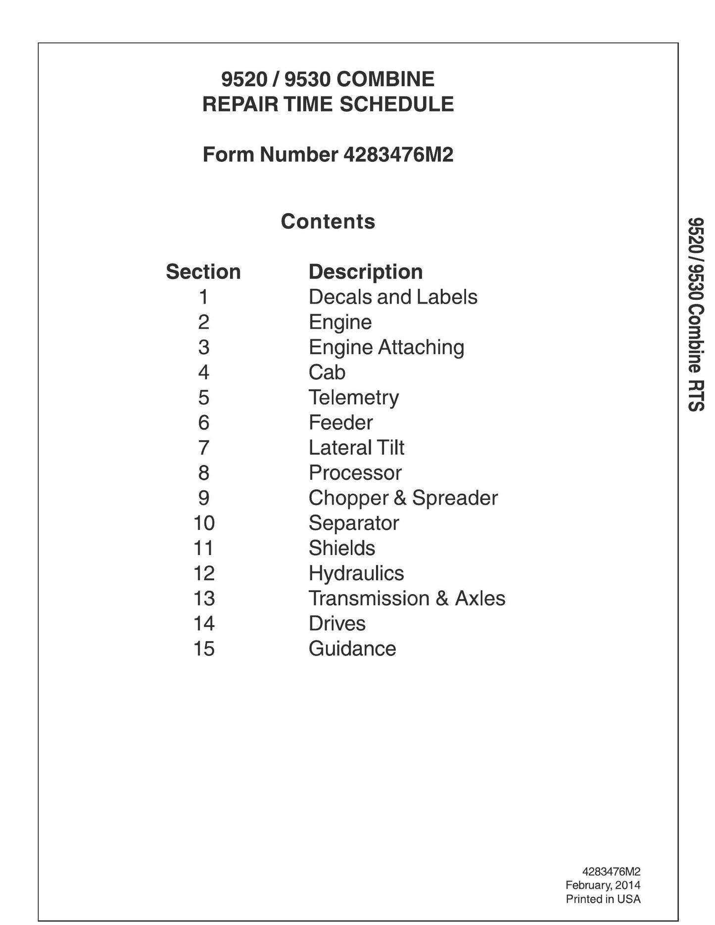 AgCO 9520 9530 Combine Repair Time Schedule 4283476M2