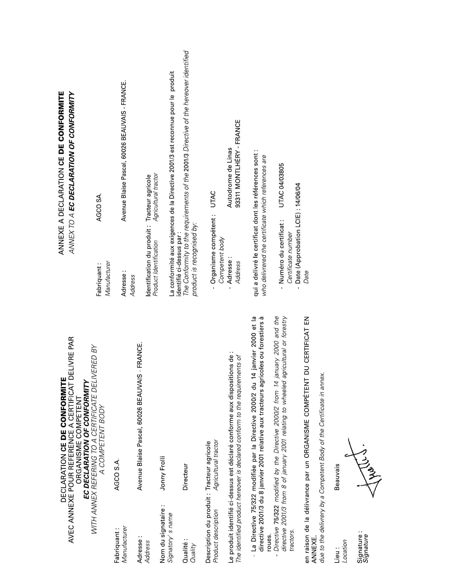 AGCO Agricultural Tractor Declaration of Conformity