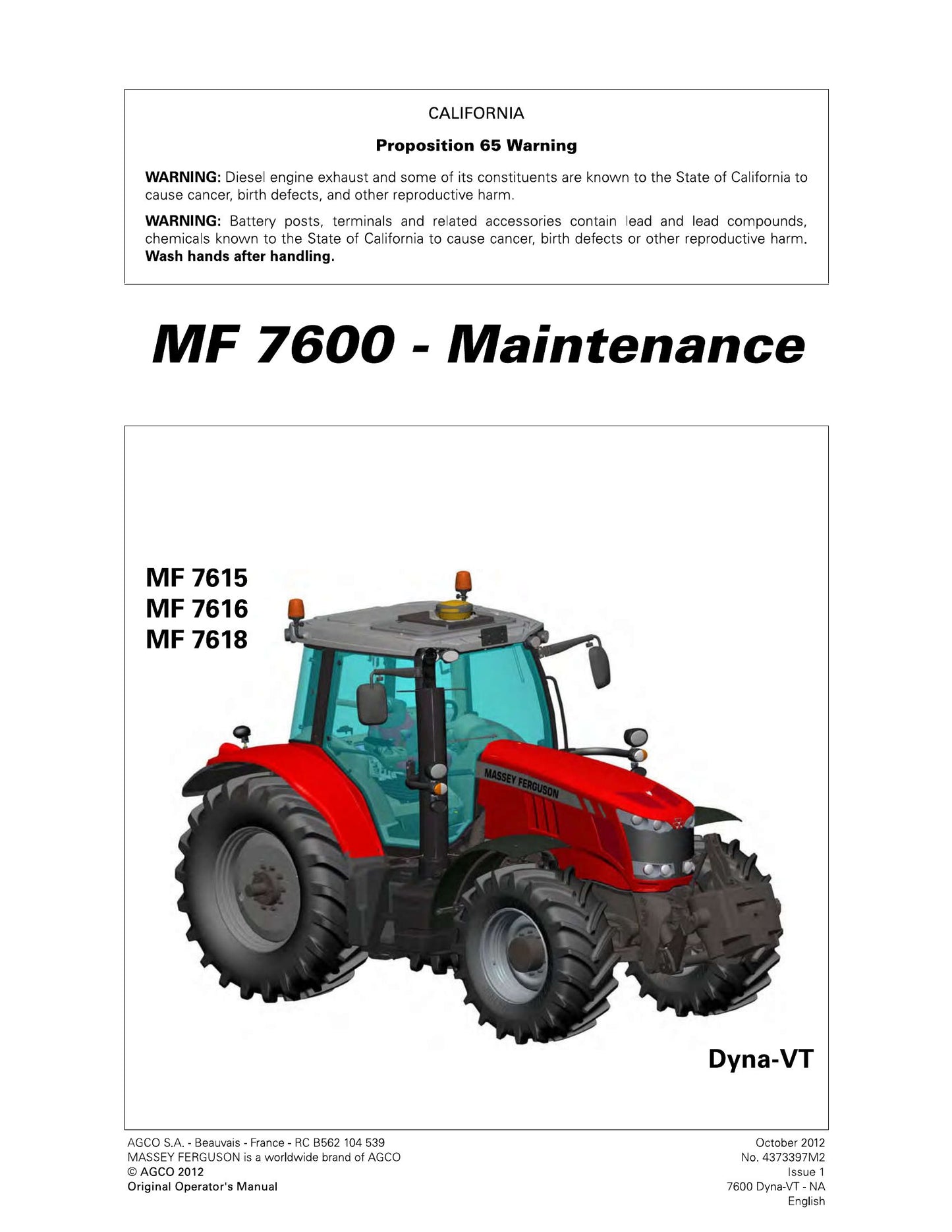 MASSEY FERGUSON MF7615 MF7616 MF7618 Tractor Factory Workshop Operator Manual 4373393M1