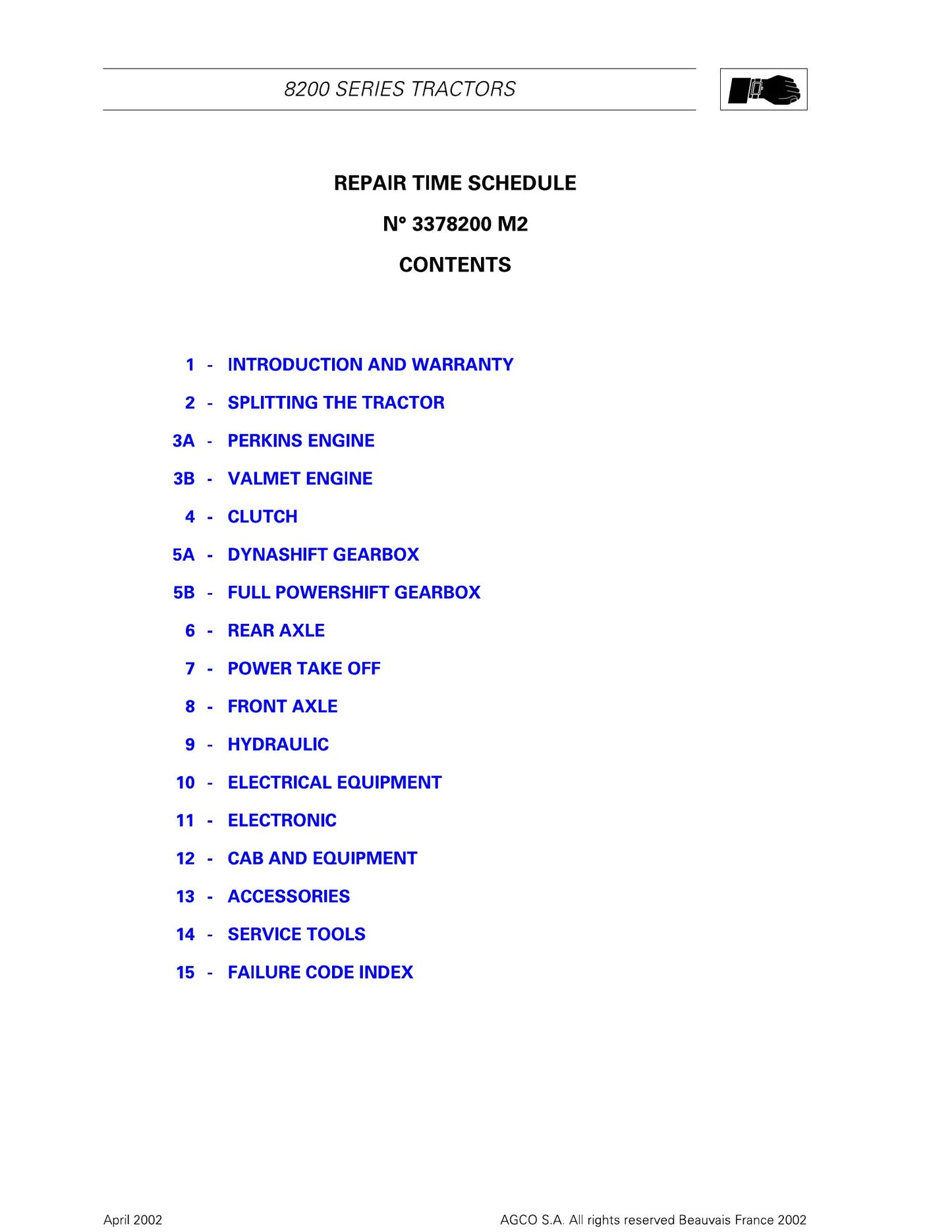 AGCO 8200 Series Tractor Repair Time Schedule 3378200 M2