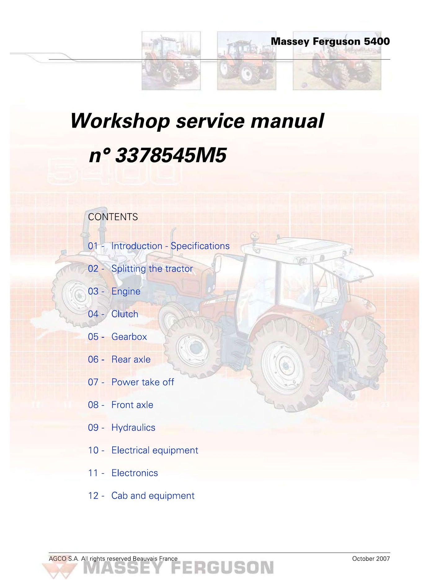 MASSEY FERGUSON 5400 Tractor Factory Workshop Service Manual 3378545M5