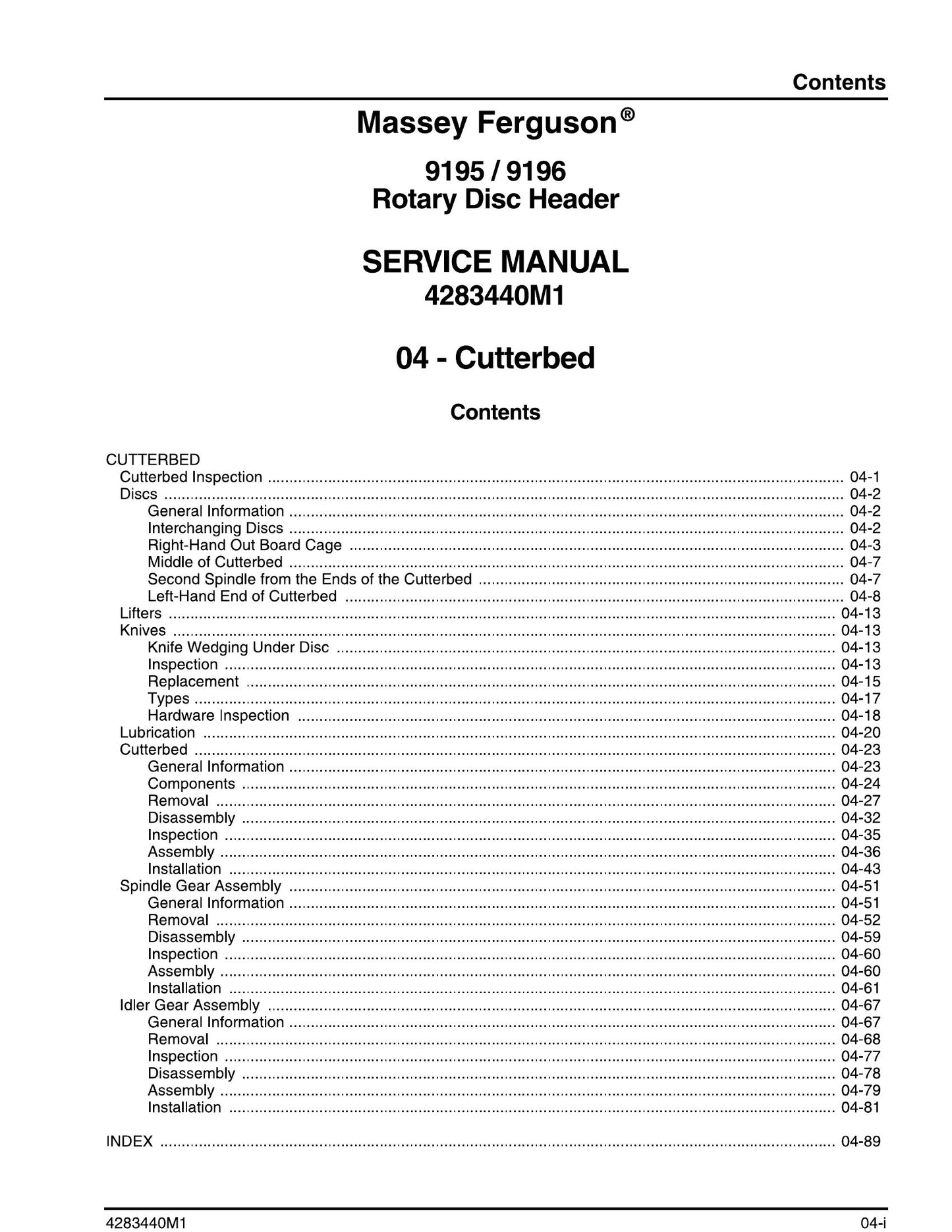 Massey Ferguson 9195 9196 Rotary Disc Header Factory Workshop Service Manual 4283440M1