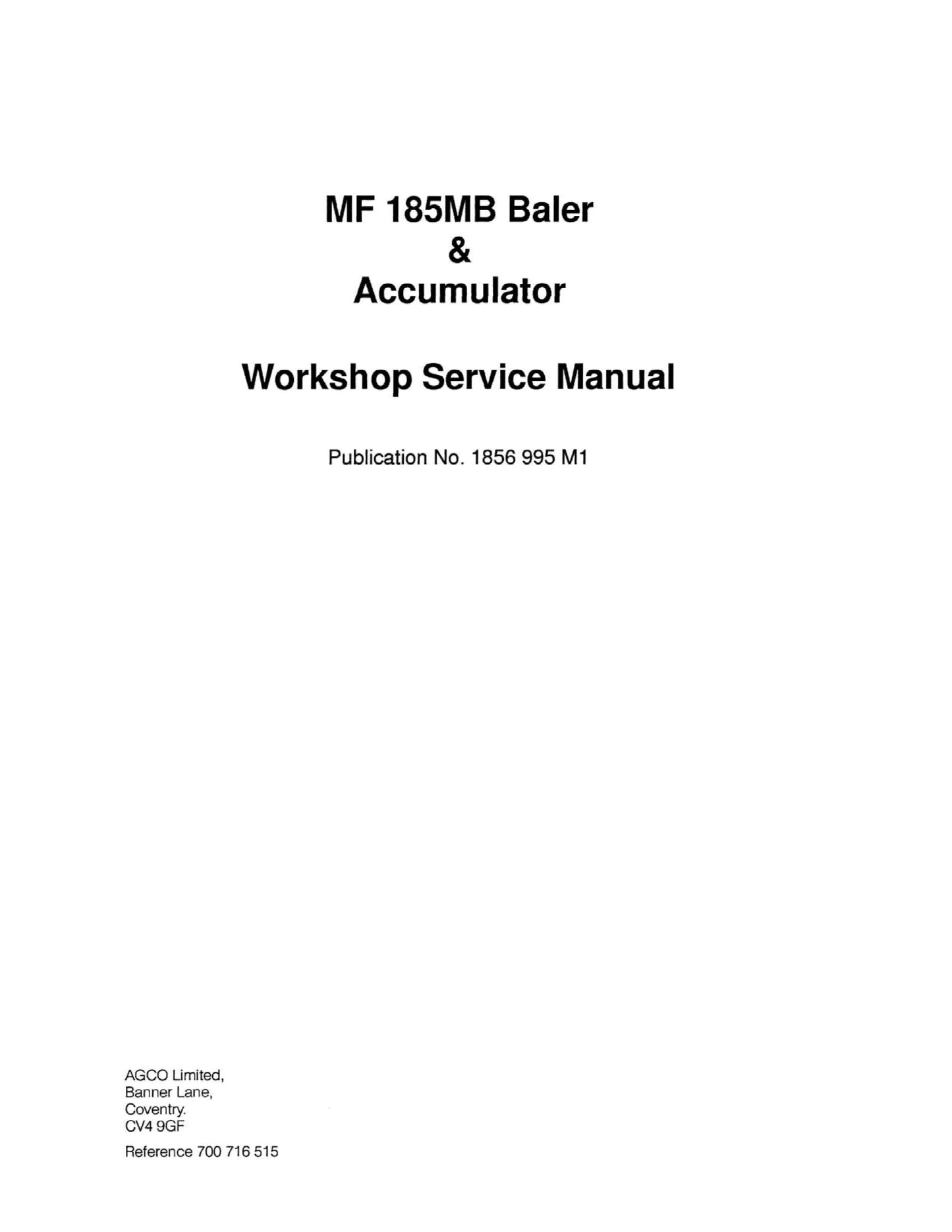 MASSEY FERGUSON MF 185MB Baler Baler Workshop Factory Workshop Service Manual 1856 995 M1