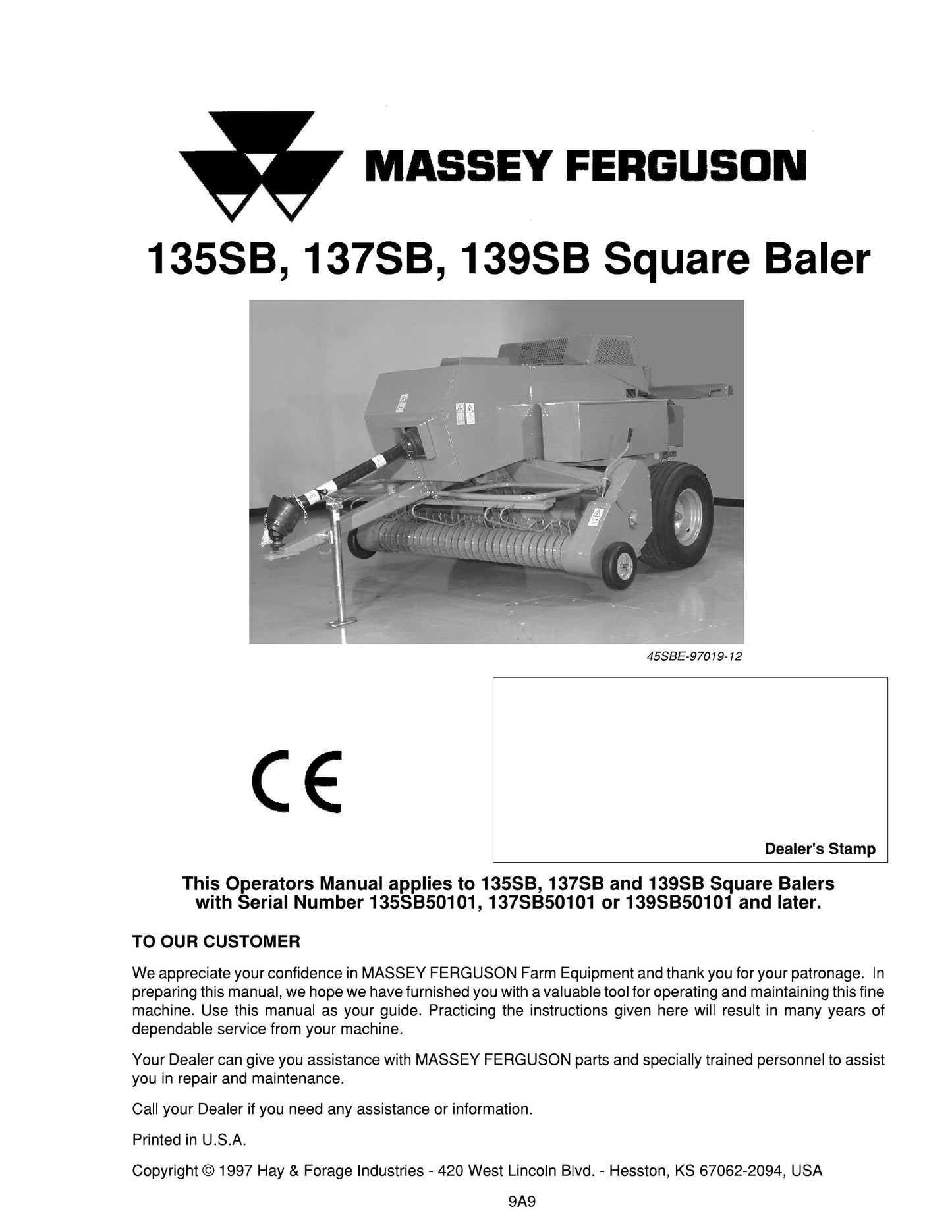 MASSEY FERGUSON 135SB 137SB 139SB Square Baler Factory Workshop Operator Manual